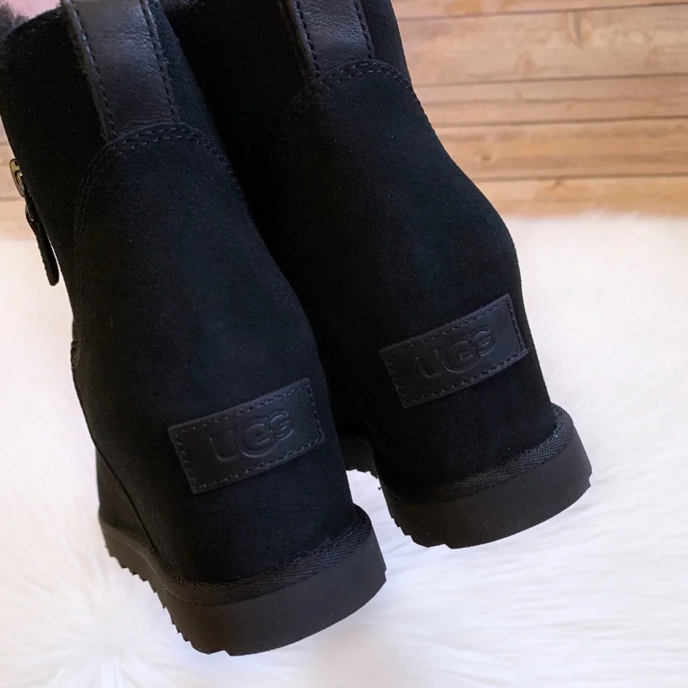 UGG Women’s Classic Femme Zip Mini Black Wedge Boots - Picture 3 of 9